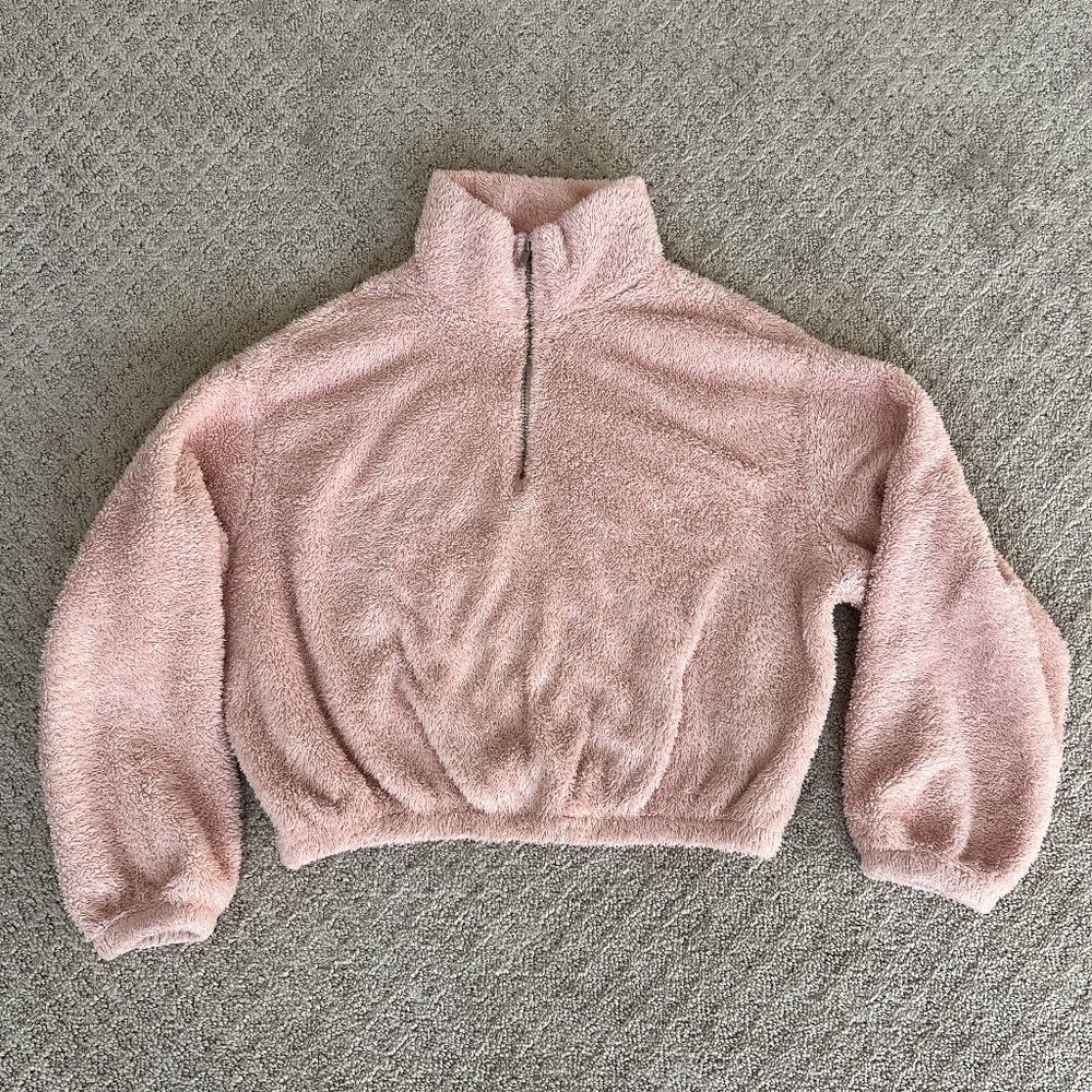 H&M Sherpa Mock Neck 1/4 Zip Light Pink Fuzzy Fleece Size XS Excellent Condition